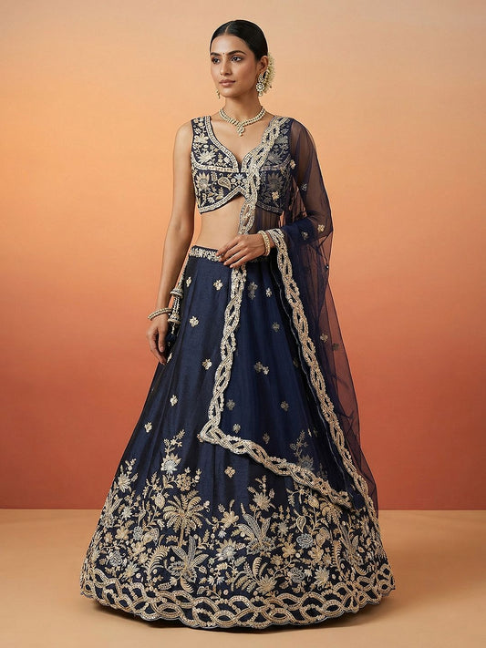 Women's Dark Blue Tissue Beads with Embroidered Lehenga Choli with Dupatta