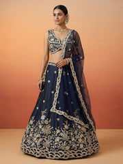 Women's Dark Blue Tissue Beads with Embroidered Lehenga Choli with Dupatta