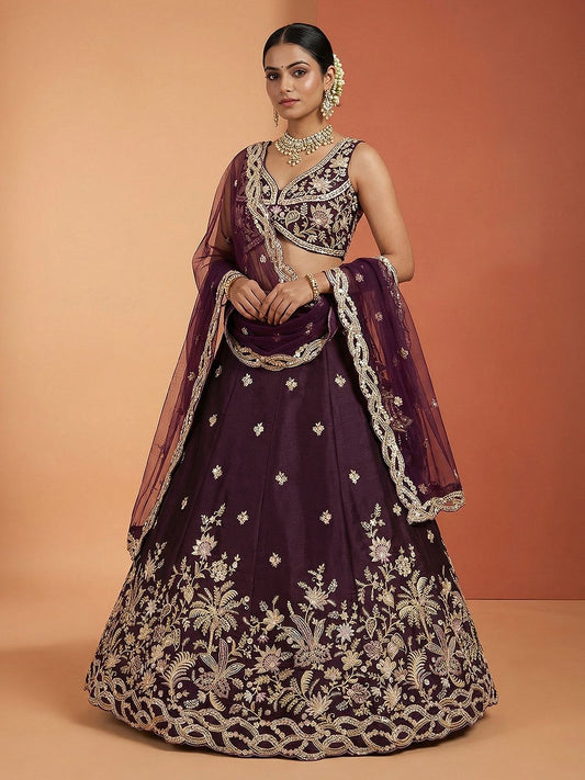 Women's Wine Tissue Beads with Embroidered Lehenga Choli with Dupatta