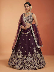 Women's Wine Tissue Beads with Embroidered Lehenga Choli with Dupatta