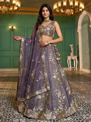 Women's Shde of Purple Tissue beads sequince Embroidered Lehenga Choli with Dupatta