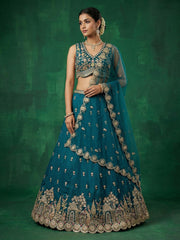 Women's Teal Chinnon Moti with Sequince Embroidered Lehenga Choli with Dupatta
