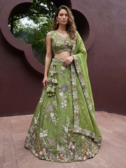 Women's Pista Tissue Woolen Embroidered Lehenga Choli with Dupatta