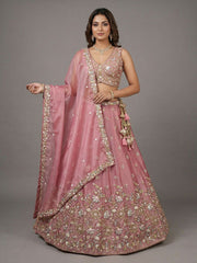 Women's Pink Tissue Beads with Embroidered Lehenga Choli with Dupatta
