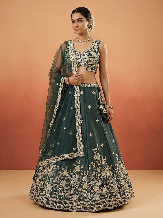 Women's Dark Green Tissue Beads with Embroidered Lehenga Choli with Dupatta