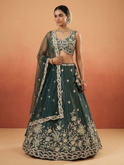 Women's Dark Green Tissue Beads with Embroidered Lehenga Choli with Dupatta