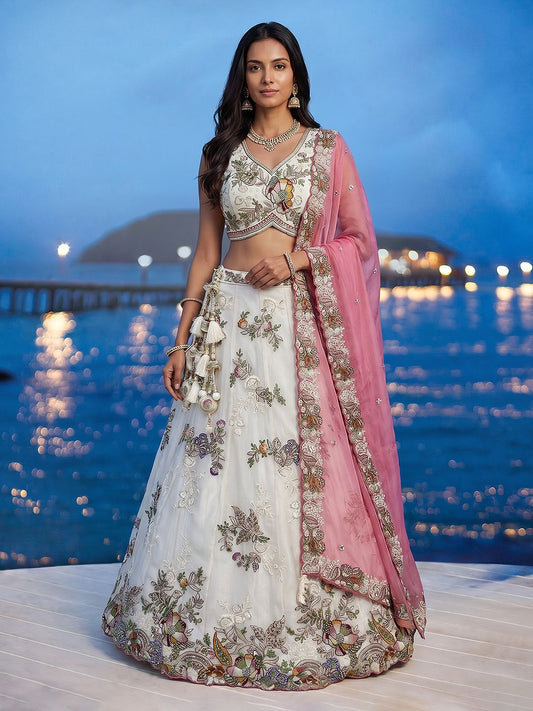 Women's Cream Tissue Woolen Embroidered Lehenga Choli with Dupatta
