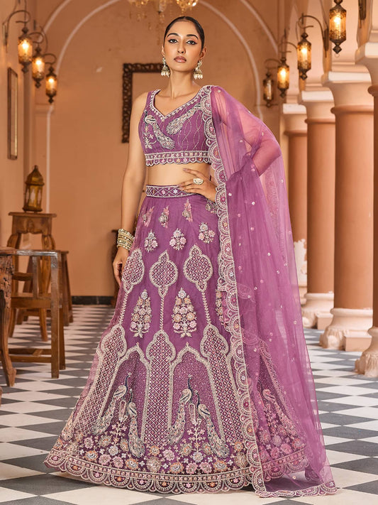 Lavender  Net Fabric Sequins embroidery Semi Stitched Lehenga & Unstitched Blouse With Dupatta