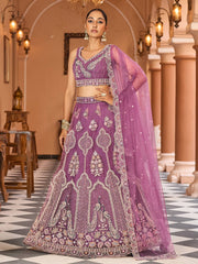Lavender  Net Fabric Sequins embroidery Semi Stitched Lehenga & Unstitched Blouse With Dupatta