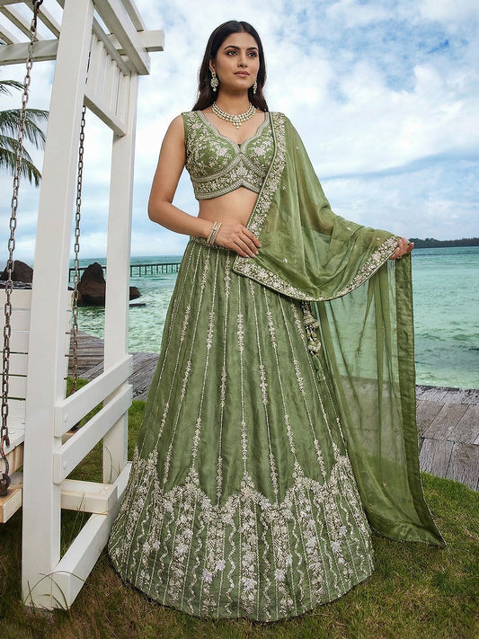 Women's Pista Chiffon Beads with Embroidered Lehenga Choli with Dupatta