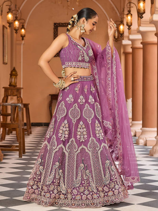 Lavender  Net Fabric Sequins embroidery Semi Stitched Lehenga & Unstitched Blouse With Dupatta