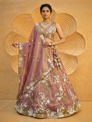 Women's Rosegold Tissue beads sequince Embroidered Lehenga Choli with Dupatta