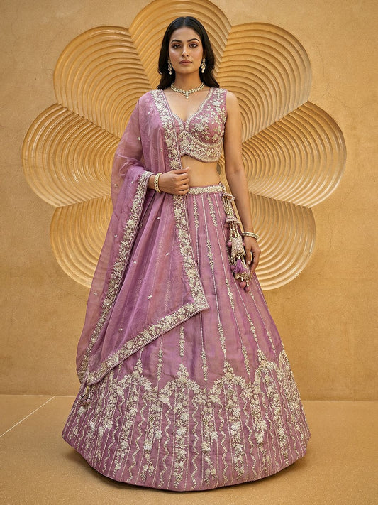 Women's Pink Chiffon Beads with Embroidered Lehenga Choli with Dupatta