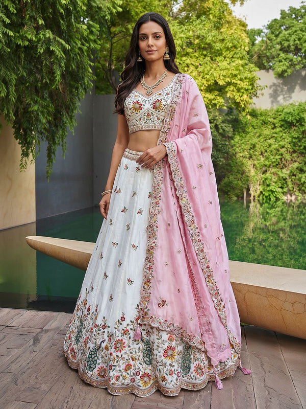 Women's Cream-Pink Organza Zarkan, Multi-Color Thread, Golden Sequin Embroidered Lehenga Choli with Dupatta