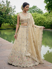 Women's Beige Tissue Mirror sequince Embroidered Lehenga Choli with Dupatta