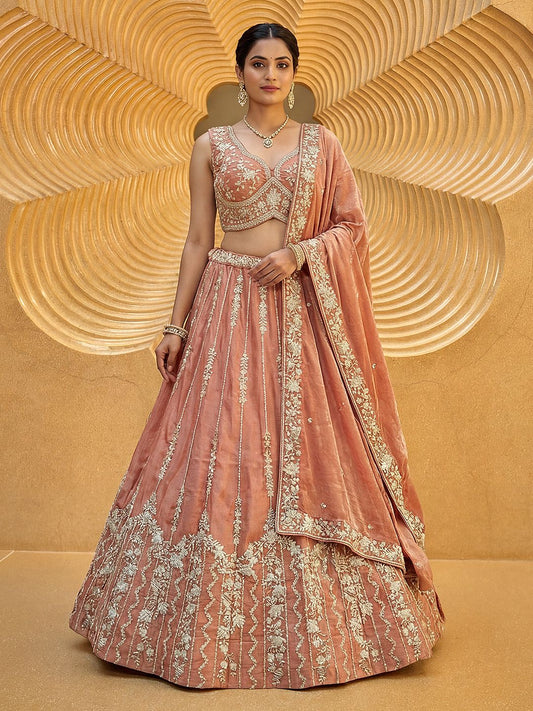 Women's Rust Chiffon Beads with Embroidered Lehenga Choli with Dupatta
