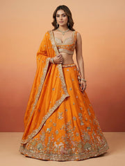 Orange Tissue with Colourful Peacock Embroidery Semi-Stitched Lehenga Set