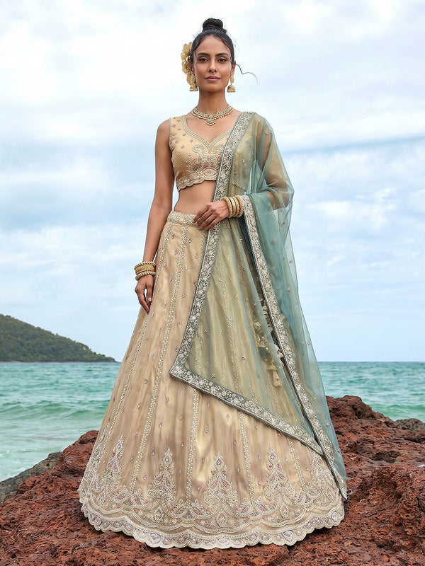 Women's Cream Tissue Beads with zari Embroidered Lehenga Choli with Dupatta