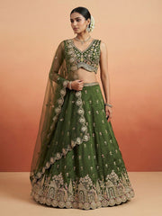 Women's Olive Chinnon Moti with Sequince Embroidered Lehenga Choli with Dupatta