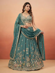 Green Tissue Sequience Thread Embroidered Semi-Stitched Lehenga
