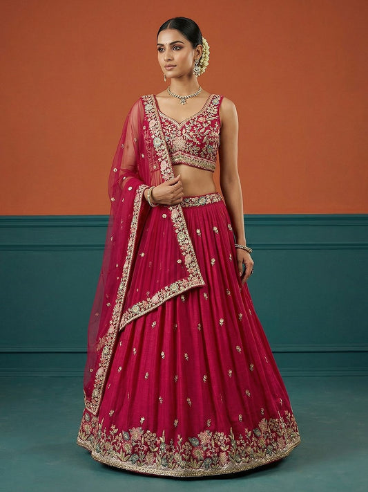 Women's Hot Pink Georgette Sequince Embroidered Lehenga Choli with Dupatta