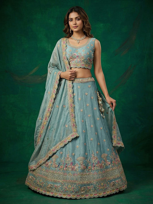 Women's Turquoise Tissue Zarkan Embroidered Lehenga Choli with Dupatta