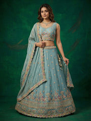 Women's Turquoise Tissue Zarkan Embroidered Lehenga Choli with Dupatta