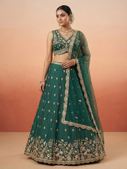 Women's Green Chinnon Silk Motif with Sequince Embroidered Lehenga Choli with Dupatta