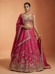 Pink Tissue Sequience Thread Embroidered Semi-Stitched Lehenga