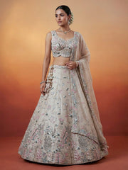 Women's Silver Organza Swarovski stones Embroidered Lehenga Choli with Dupatta