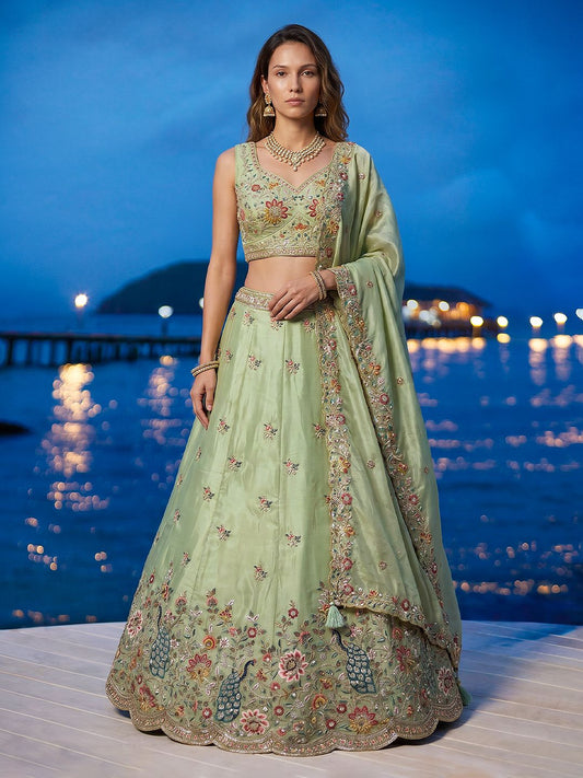 Women's Limegreen Organza Zarkan, Multi-Color Thread, Golden Sequin Embroidered Lehenga Choli with Dupatta