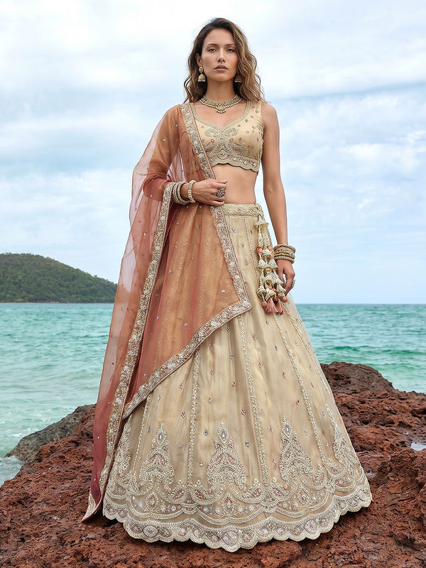 Women's Cream Tissue Beads with zari Embroidered Lehenga Choli with Dupatta