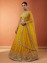 Women's Mustard Chinnon Silk Motif with Sequince Embroidered Lehenga Choli with Dupatta