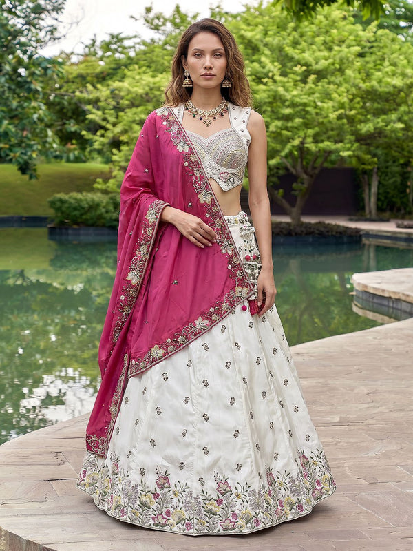 Women's Grey and Pink Chiffon Beads with Embroidered Lehenga Choli with Dupatta