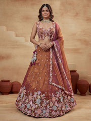 Women's Rust Tissue Moti with Embroidered Lehenga Choli with Dupatta