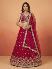 Women's Pink Chinnon Silk Motif with Sequince Embroidered Lehenga Choli with Dupatta