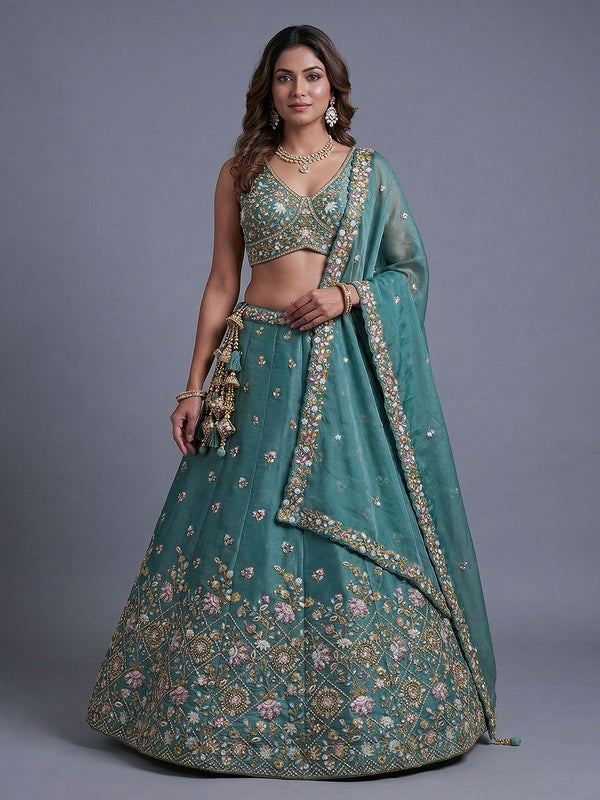 Women's Sea green Tissue Beads with Embroidered Lehenga Choli with Dupatta