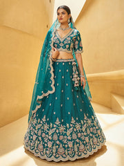 Women's Teal Blue Tissue Mirror sequince Embroidered Lehenga Choli with Dupatta