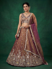Women's Copper Brown Tissue Moti with Embroidered Lehenga Choli with Dupatta