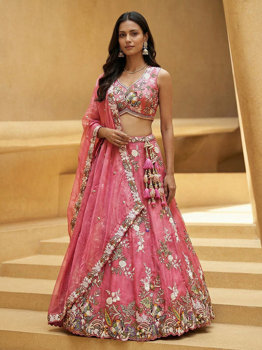 Women's Pink Tissue Woolen Embroidered Lehenga Choli with Dupatta