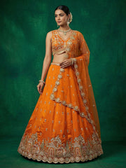 Women's Orange Chinnon Moti with Sequince Embroidered Lehenga Choli with Dupatta