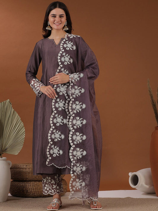 Mauve Notched Neck Thread Work A-Line Kurta with Trousers & With Dupatta