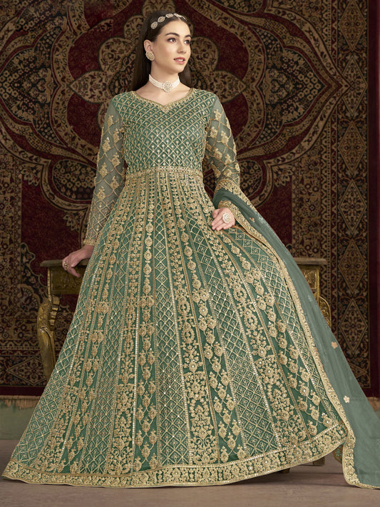 Sea Green Traditional Embroidery Wedding Anarkali Suit