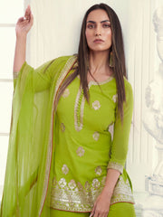 Floral Embroidered Notch Neck Georgette Straight Kurta With Sharara & Dupatta