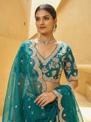 Women's Teal Blue Tissue Mirror sequince Embroidered Lehenga Choli with Dupatta
