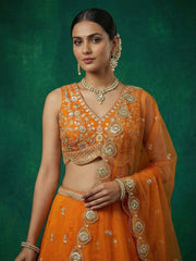 Women's Orange Chinnon Moti with Sequince Embroidered Lehenga Choli with Dupatta