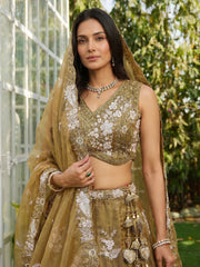 Women's Gold Tissue beads sequince Embroidered Lehenga Choli with Dupatta