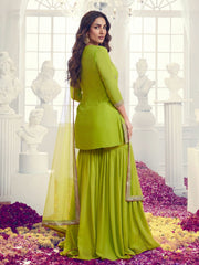 Floral Embroidered Notch Neck Georgette Straight Kurta With Sharara & Dupatta