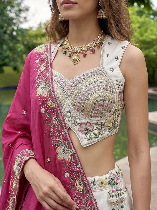 Women's Grey and Pink Chiffon Beads with Embroidered Lehenga Choli with Dupatta