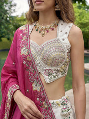 Women's Grey and Pink Chiffon Beads with Embroidered Lehenga Choli with Dupatta